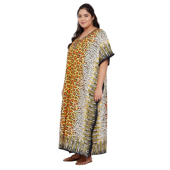 Gypsie Blu Leopard Print Yellow Caftan Maxi Dress with Kimono Sleeve Loungewear - Picture 3 of 8